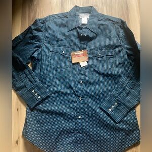 Wrangler Wrancher Mens Pearl Snap Button Long Sleeve Black Blue Diamond Shirt L